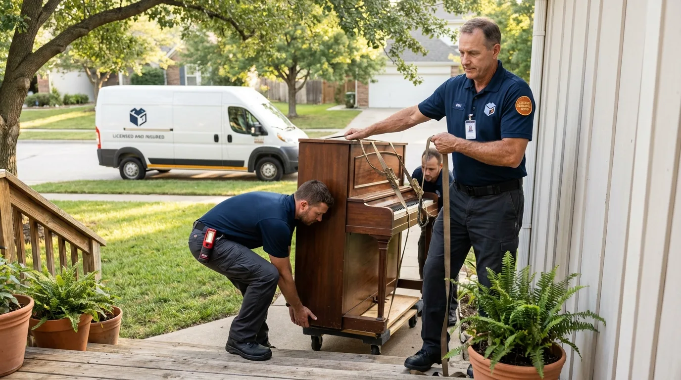 Licensed piano movers securing grand piano in Centreville, MI