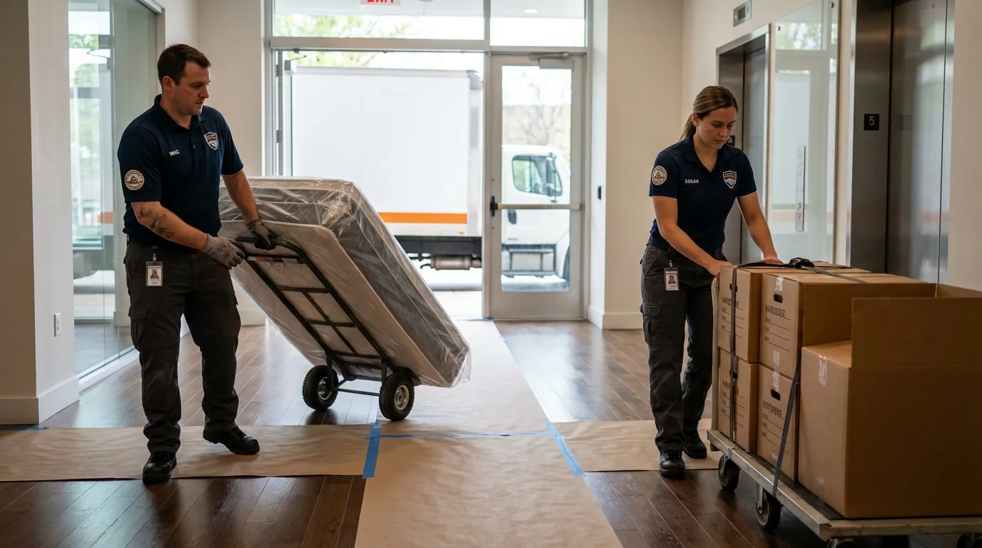 Professional apartment movers loading elevator in Centreville, MI