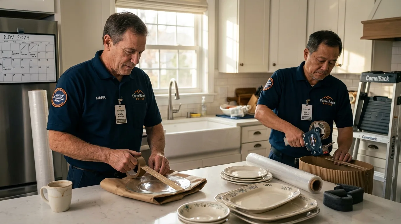 Professional crew packing kitchen dishware in Centreville, MI